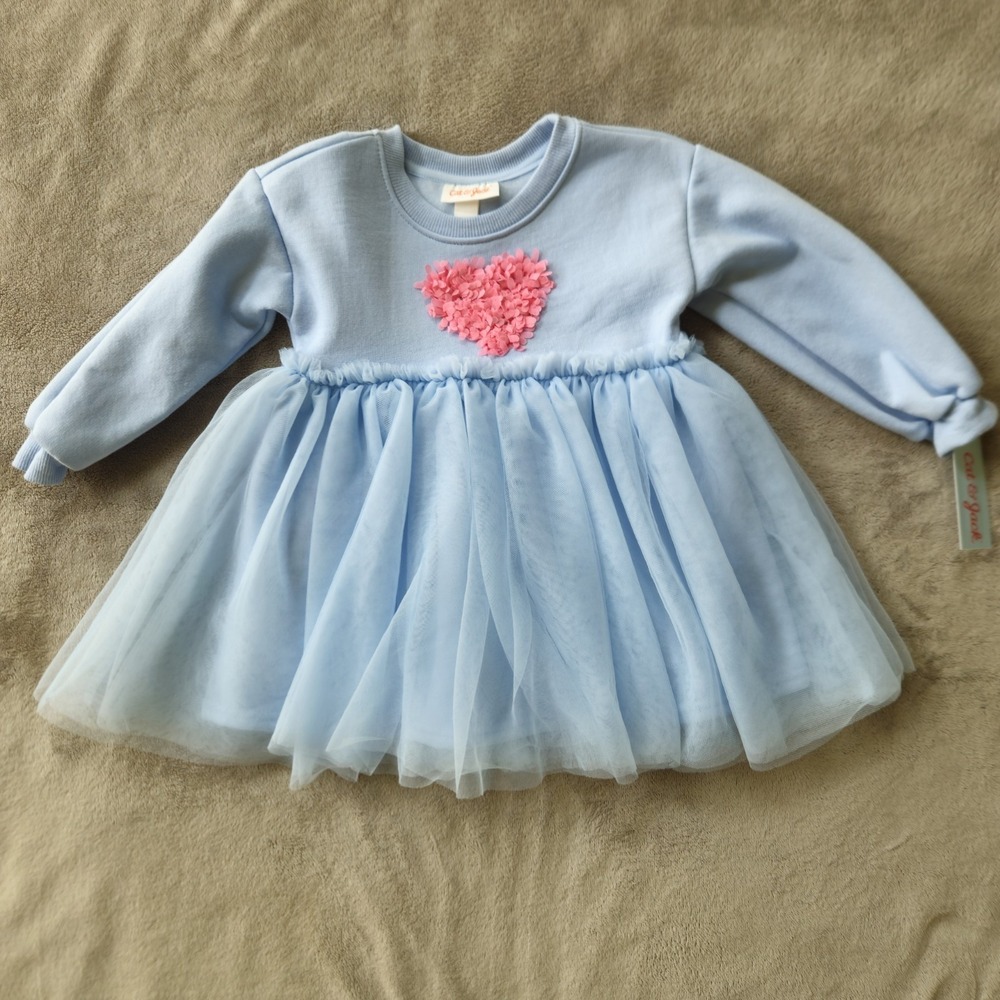 New! Cat & Jack Tutu Dress Blue Pink Heart Accent Long Sleeve 18M Girls - Picture 1 of 6